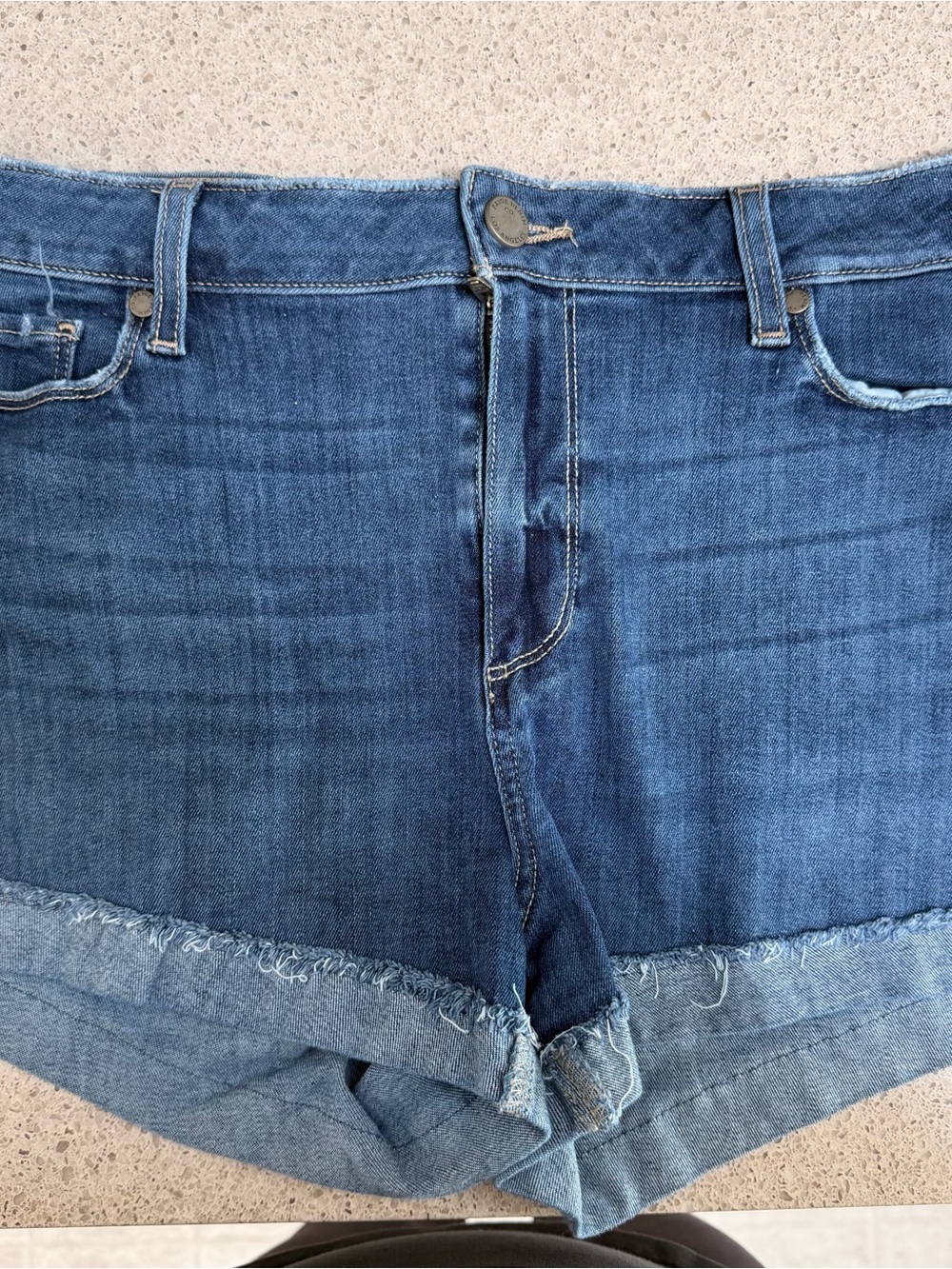 PAIGE Light Blue Denim Shorts with Contrast Stitching